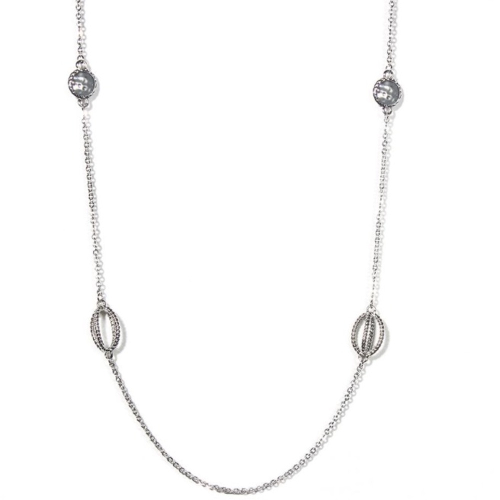 Silver-tone brass station long strand necklace